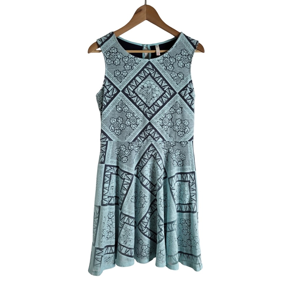 Xhilaration Aqua Navy Geometric Floral Fit Flare Dress Sleeveless L Boho Chic